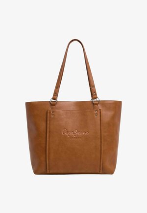 Borsa tote in pelle marrone con doppi manici a spalla e logo frontale impresso "Pepe Jeans London", design minimalista su sfondo bianco.