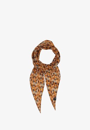 Patterned scarf featuring shades of brown, orange, and gray. Lightweight material with a smooth texture, tied in a loop with pointed ends.
