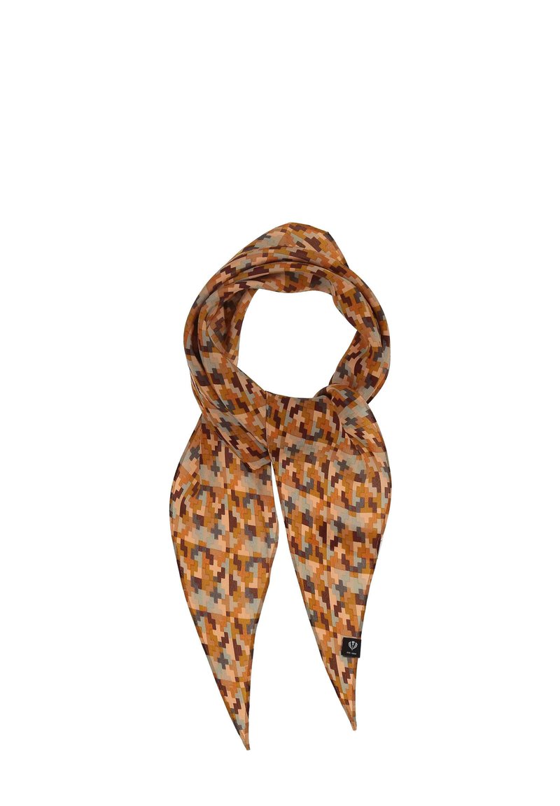 Écharpe à motifs présentant des nuances de marron, d'orange et de gris. Matière légère au toucher doux, nouée en boucle avec des extrémités pointues.