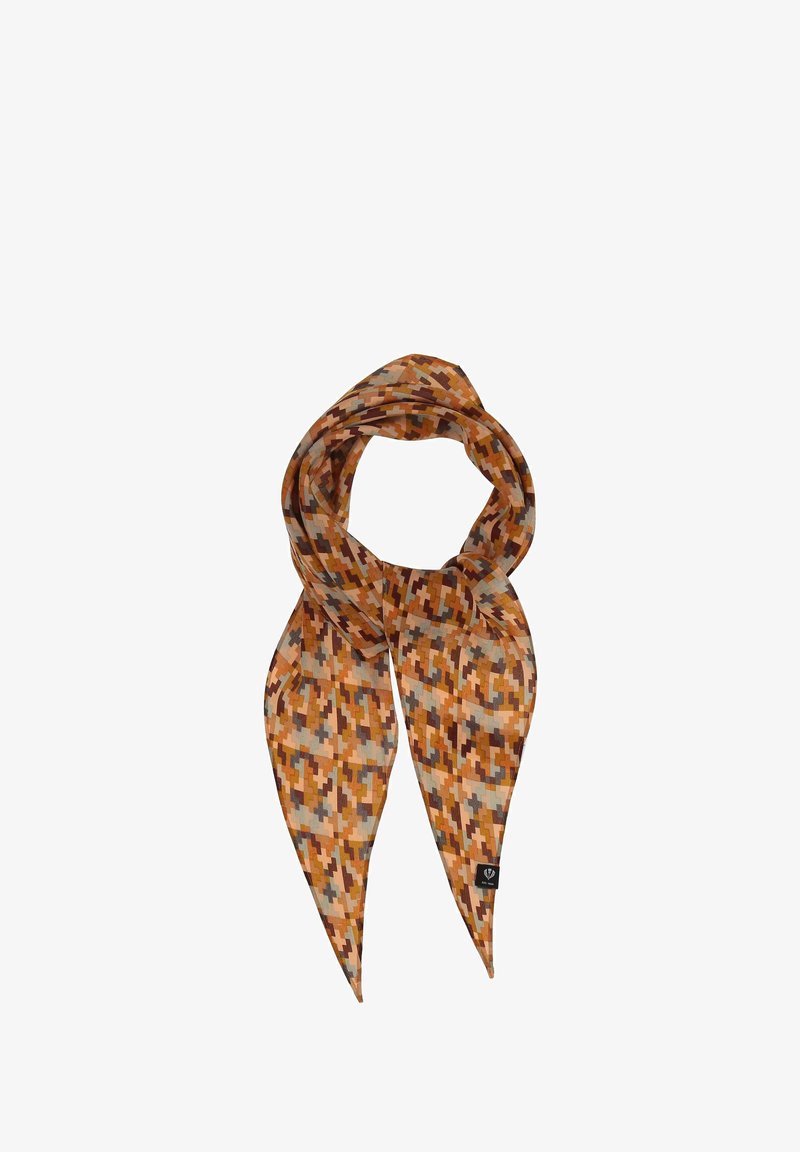 Écharpe à motifs présentant des nuances de marron, d'orange et de gris. Matière légère au toucher doux, nouée en boucle avec des extrémités pointues.
