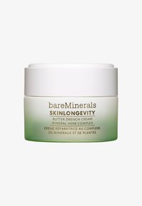 BareMinerals Skin Longevity Butter Drench Cream i en vit och grön gradientburk, märkt med produktinformation i guldtext. Slät konsistens.