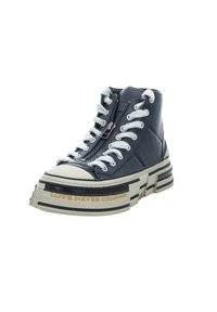 Hohe Sneakers aus marineblauem Leder mit strukturierter Oberfläche. Sie verfügen über weiße Schnürsenkel, einen seitlichen Reißverschluss und eine dicke, gestreifte Sohle mit der Prägung "LOVE NEVER CHANGES".