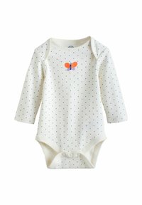 Długi rękaw bodysuit niemowlęcy w kremowej bawełnie, z małymi niebieskimi kropkami i graficznym motylem w pomarańczowym i fioletowym kolorze na środku. Zapięcie na napy na dole.