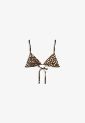 Triangle bikini top with adjustable thin straps and a brown and black leopard print, tied in a bow at the front center.