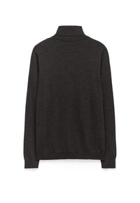 Donkergrijze trui met een hoge kraag, lange mouwen en een slim fit. De stof lijkt glad en zacht, met een eenvoudig ontwerp.
