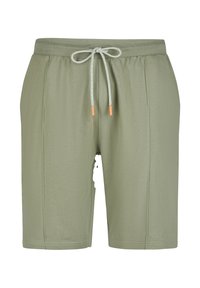 Groene sportbroek met trekkoord van zacht materiaal. Beschikt over een elastische tailleband en contrasterende uiteinden van het trekkoord. Recht model met zakken.