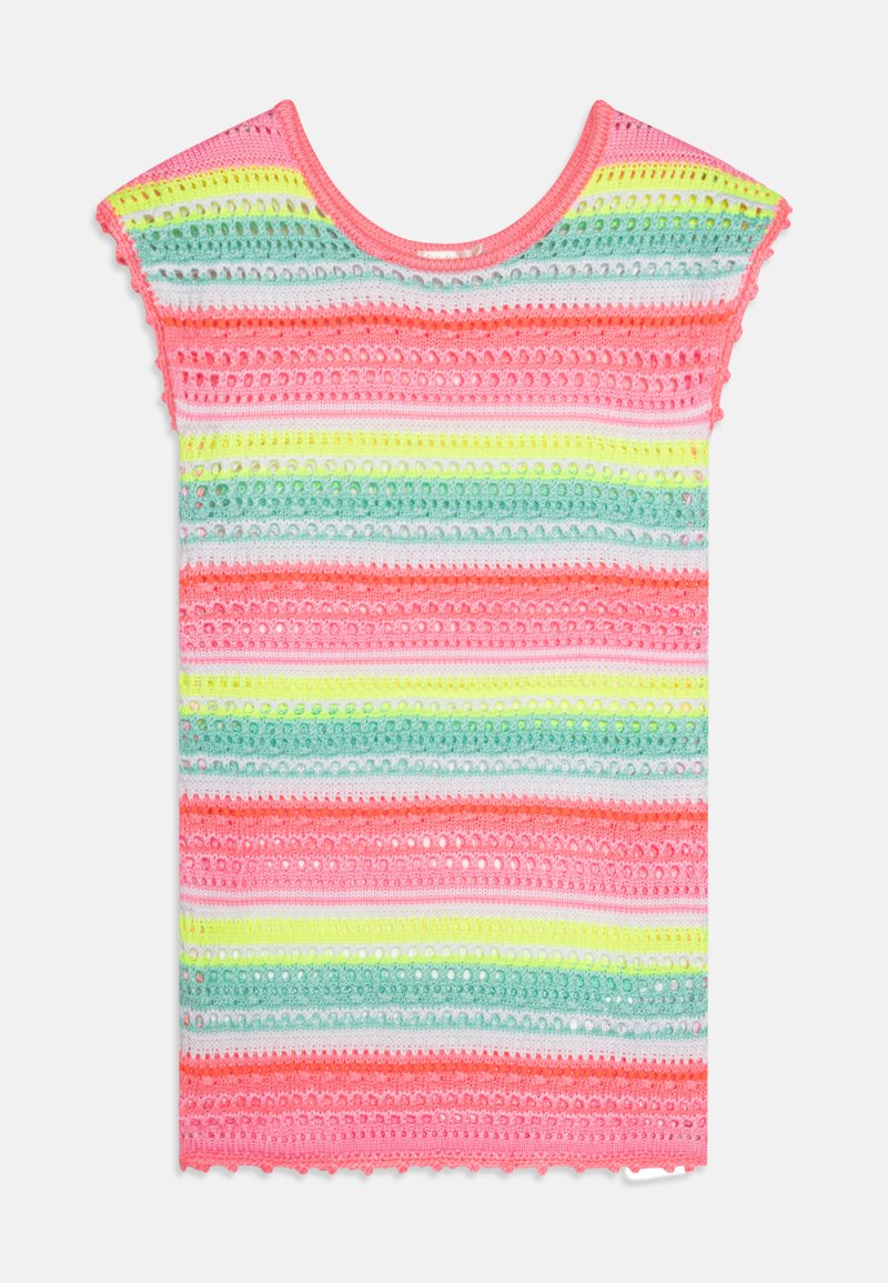 Ύφασμα πλεκτής μπλούζας με στρογγυλή λαιμόκοψη, που διαθέτει οριζόντιες ρίγες σε ροζ, πράσινο, κίτρινο και πορτοκαλί χρώμα. Τελείωμα με θηλιές και ανοιχτή υφή.