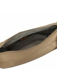 Beige leather bag with a smooth surface and zipper closure. The interior is grey fabric, featuring a label that reads "Made in Germany."