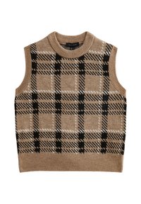 Gilet lavorato a maglia color beige con collo rotondo, caratterizzato da un motivo a quadri bianco e nero, design senza maniche e dettaglio con orlo a costine.