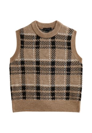 Beige gestrickte Weste mit rundem Halsausschnitt, die ein schwarz-weißes Karomuster aufweist, ärmellos ist und über einen gerippten Saum verfügt.