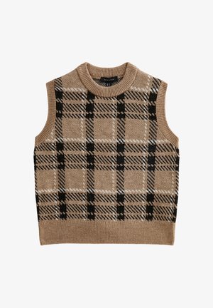 Gilet en tricot beige avec un col rond, présentant un motif à carreaux noir et blanc, un design sans manches et un détail de bord côtelé.