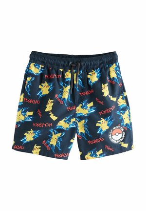 Schwarze Badeshorts mit bunten Pikachu- und Blitzmuster, rotem Text und einem Pokéball-Akzent am rechten Bein.