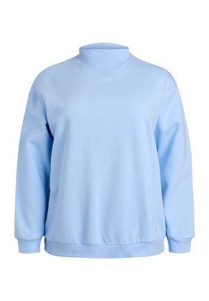 Jasnoniebieska bluza z wysokim kołnierzem, długimi rękawami i ściągaczami przy mankietach. Miękka faktura tkaniny i luźny krój z prostym, nieozdobionym wzorem.