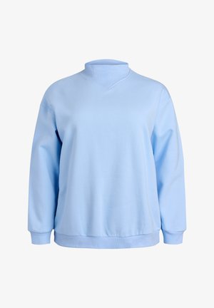 Hellblauer Pullover mit hohem Kragen, langen Ärmeln und gerippten Bündchen. Weiche Stofftextur und entspannte Passform mit schlichtem Design.