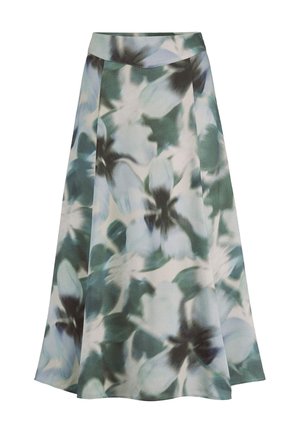 Grüner und weißer A-Linien-Rock mit Blumenmuster, breitem Taillenbund und sanften Falten vor weißem Hintergrund.