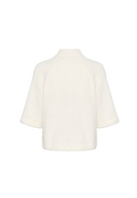 Valkoinen lyhytcropattu neulepusero korkealla kauluksella, lyhyillä hihoilla ja pehmeällä, teksturoidulla pinnalla. Varustettu raglan-hihoilla ja suorella helmalla.