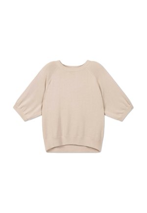 Beiger Strickpullover mit dreiviertel Puffärmeln, einem gerippten Rundhalsausschnitt, Bündchen und Saum, mit einem etwas längeren Rückensaum.