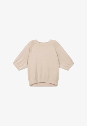 Beiger Strickpullover mit dreiviertel Puffärmeln, einem gerippten Rundhalsausschnitt, Bündchen und Saum, mit einem etwas längeren Rückensaum.