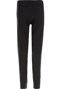 Leggings noires avec une taille large, texture lisse et coupe à mi-mollet. Présente un design minimaliste sans coutures ni motifs visibles.