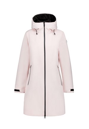 Impermeable con capucha en rosa claro, cremallera negra, capucha forrada en negro, bolsillos laterales con cremallera y correas ajustables en las muñecas.