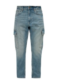 Jasnoniebieskie dżinsowe spodnie cargo o luźnym kroju, z dwoma bocznymi kieszeniami, zapięciem na górny guzik i delikatnym wyblaknięciem dla uzyskania wy worn look.