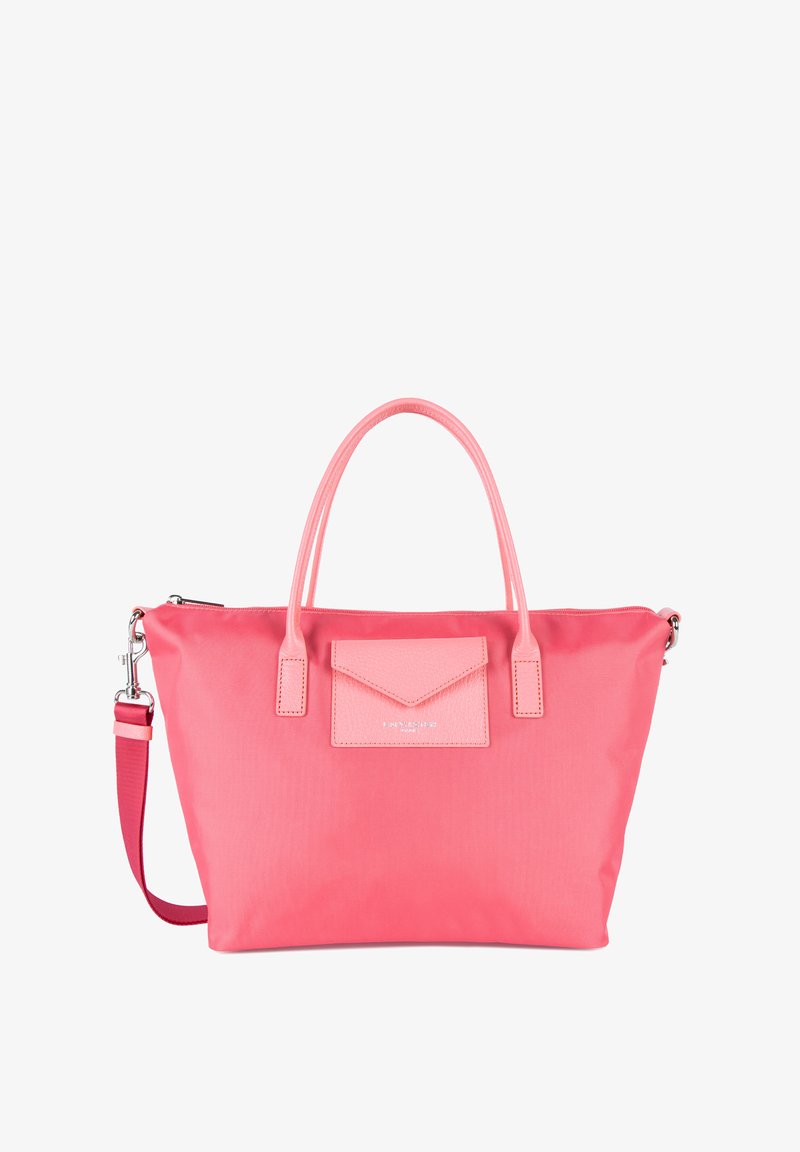 Borsetta in nylon rosa con due manici, una tracolla staccabile e una tasca frontale texturizzata. Presenta accessori in tonalità argento e una finitura liscia.