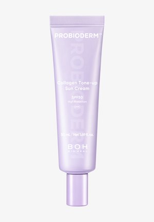 Tube med Probioderm Collagen Tone-up solcreme med SPF50, 50 ml, i pastel lilla emballage.