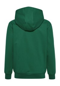 Grön huvtröja med huva, ribbade muddarna och nederkant. Slät struktur, enkel design, inga synliga logotyper eller mönster på baksidan.