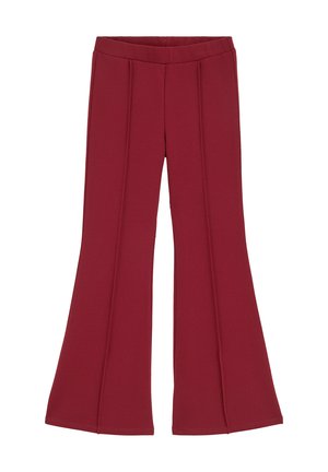 Bordeauxrote Schlaghose mit vorderer Nahtverzierung, tailliert an Taille und Hüften, weiter unten ausgestellter Schnitt, auf weißem Hintergrund dargestellt.