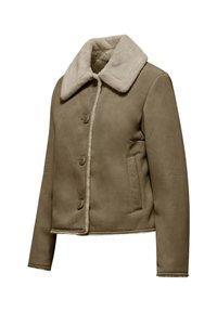 Bruine nep-suède jas met een beige bontkraag, knopen aan de voorkant en zijzakken. Heeft een cropped ontwerp en een gladde textuur.