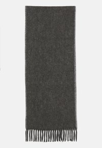 Écharpe en laine gris foncé avec une finition douce et texturée et des bords à franges, mesurant environ 180 cm sur 30 cm.