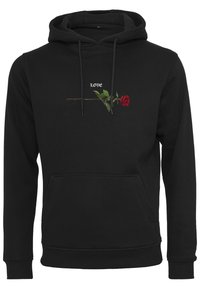 Felpa nera con tasca frontale, caratterizzata da una grafica di una rosa e dalla parola "AMORE" in bianco. Realizzata in tessuto morbido con cappuccio regolabile.
