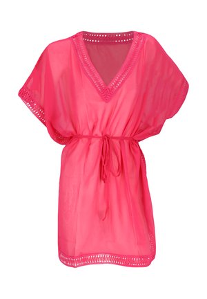 Tunique rose vif transparente avec col en V, manches courtes, bordure en crochet et ceinture nouée à la taille, affichée sur fond blanc.
