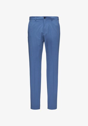 Pantalons ajustés bleu clair en tissu lisse. Comprend une fermeture à bouton, des passants de ceinture et un design à plat sur le devant.