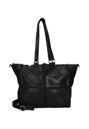 Borsa tote in pelle nera con due manici lunghi, tracolla removibile e superficie leggermente strutturata.