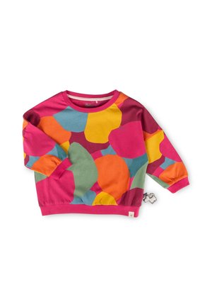 Langärmliges Kinder-Sweatshirt mit rundem Ausschnitt, mit einem bunten abstrakten Muster aus rosa, orange, gelben, grünen und blauen Formen.