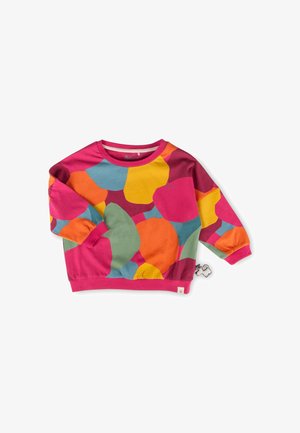 Langärmliges Kinder-Sweatshirt mit rundem Ausschnitt, mit einem bunten abstrakten Muster aus rosa, orange, gelben, grünen und blauen Formen.