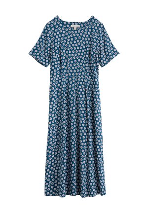 Blauwe midi-jurk met korte mouwen en een all-over wit en roze madeliefjesbloemenpatroon.