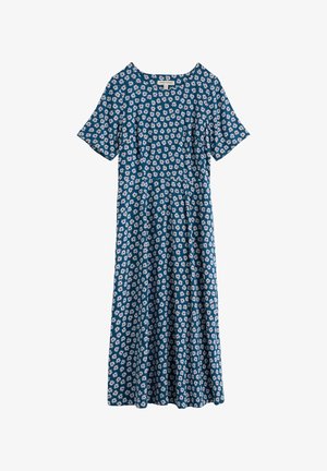 Blauwe midi-jurk met korte mouwen en een all-over wit en roze madeliefjesbloemenpatroon.