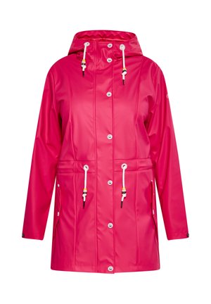 Roosa veekindel vihmakeep kapuutsiga, eesnuppudega, reguleeritavate nööride ja küljetaskutega. Valmistatud siledast ja vastupidavast materjalist, millel on voolujooneline disain.