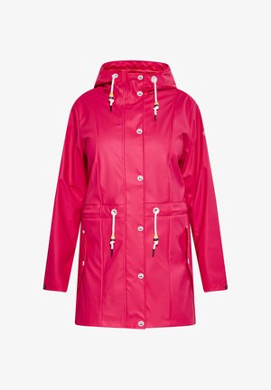 Roosa veekindel vihmakeep kapuutsiga, eesnuppudega, reguleeritavate nööride ja küljetaskutega. Valmistatud siledast ja vastupidavast materjalist, millel on voolujooneline disain.