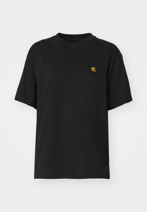 T-shirt en coton noir à coupe décontractée. Présente un col rond et des manches courtes. Comprend un petit logo doré brodé sur la poitrine.