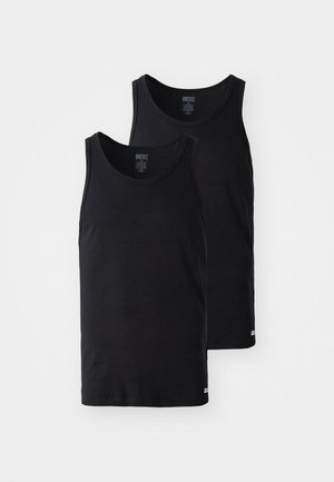 Black cotton tank tops, featuring round necklines and sleeveless design. Two items shown, smooth texture, minimal branding at the hem.
