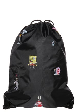 Zwart tassen met trekkoord met kleurrijke SpongeBob SquarePants-personages inclusief SpongeBob, Patrick, Gary, Mr. Krabs en anderen.