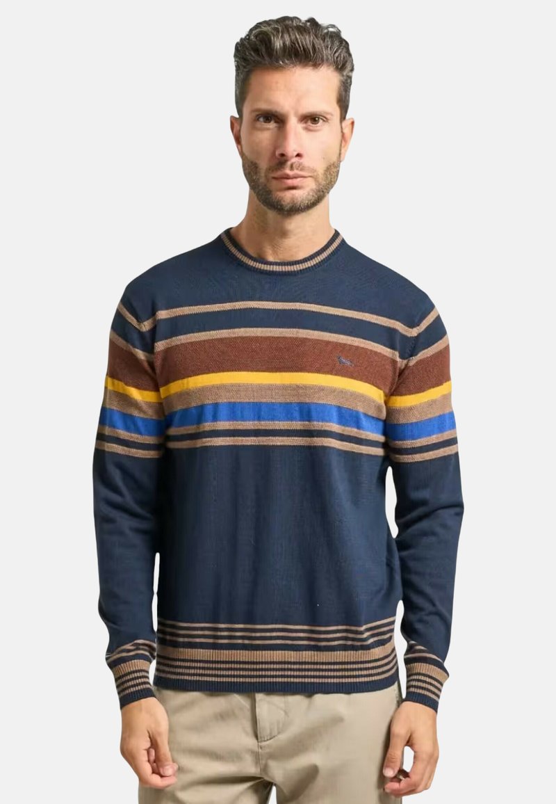 Maglione lavorato a maglia in blu navy con righe orizzontali marroni, gialle e blu. Presenta uno scollo a girocollo e polsini e orlo a coste. Tessuto morbido.