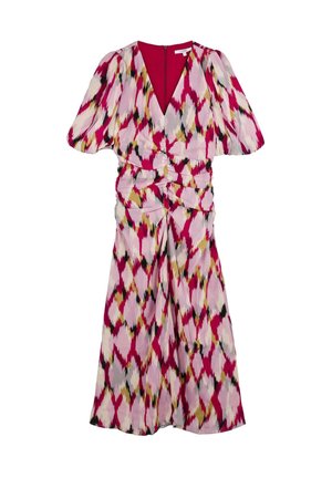 Robe midi florale avec des manches courtes bouffantes, un décolleté en V profond et une taille froncée. Le motif du tissu comprend des teintes de rose, blanc, rouge et jaune.