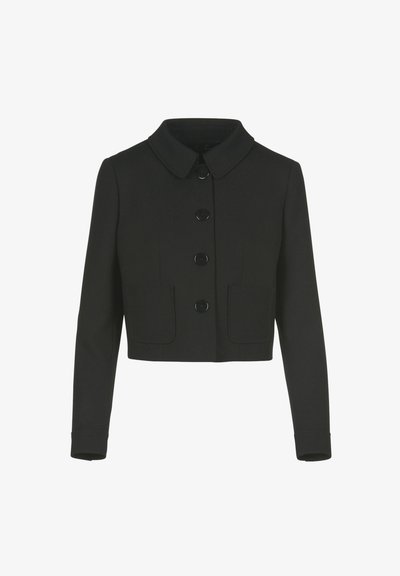 Črna skrajšana jakna z dolgimi rokavi, ovratnikom Peter Pan, sprednjimi gumbi in dvema sprednjima žepoma.
