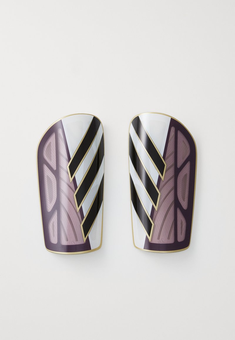 Purple and white shin guards with black and gold accents; smooth surface, geometric patterns, and a contoured shape for comfort.