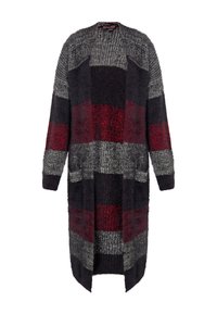 Cardigan lungo con una vestibilità ampia, caratterizzato da righe alternate grigie, rosso scuro e blu navy. Maglia testurizzata con due tasche laterali.