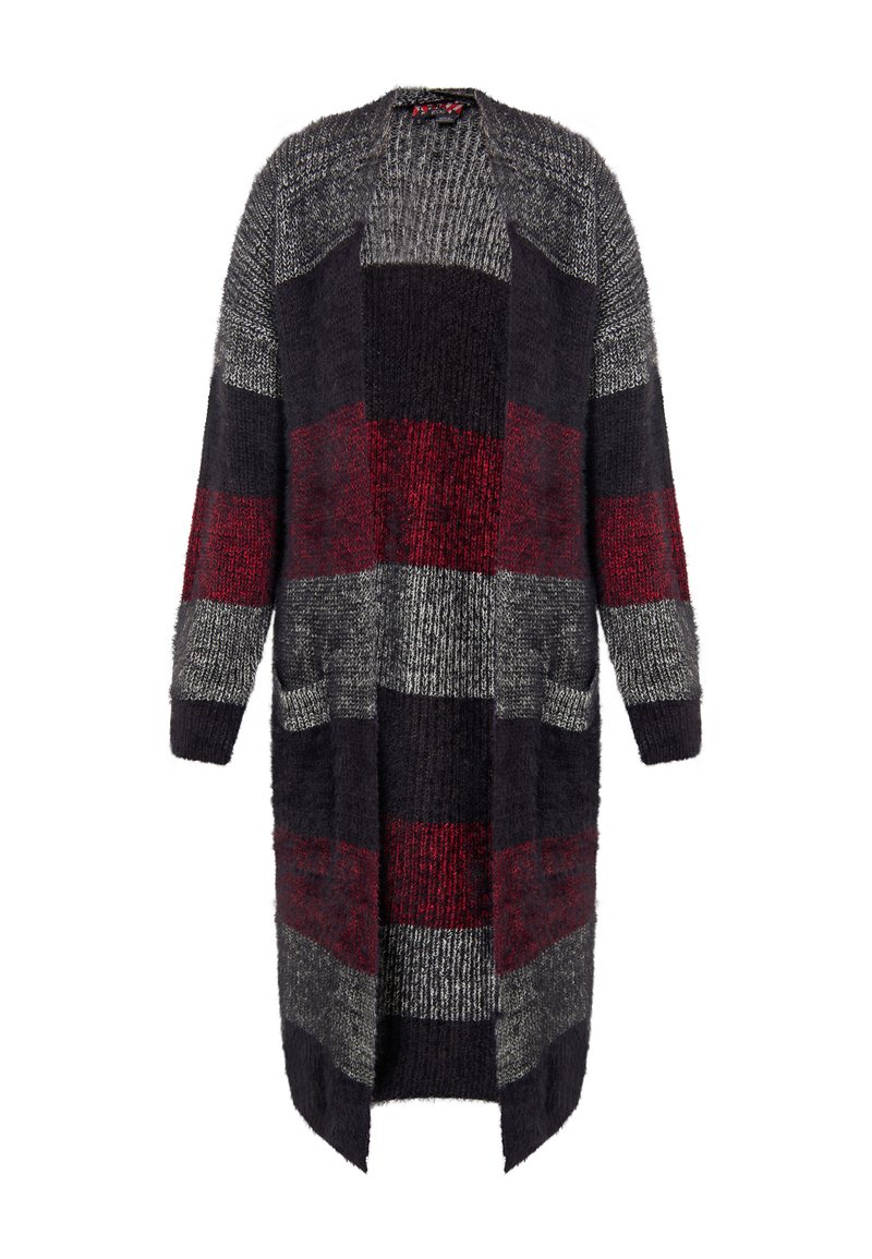Cardigan lungo con una vestibilità ampia, caratterizzato da righe alternate grigie, rosso scuro e blu navy. Maglia testurizzata con due tasche laterali.